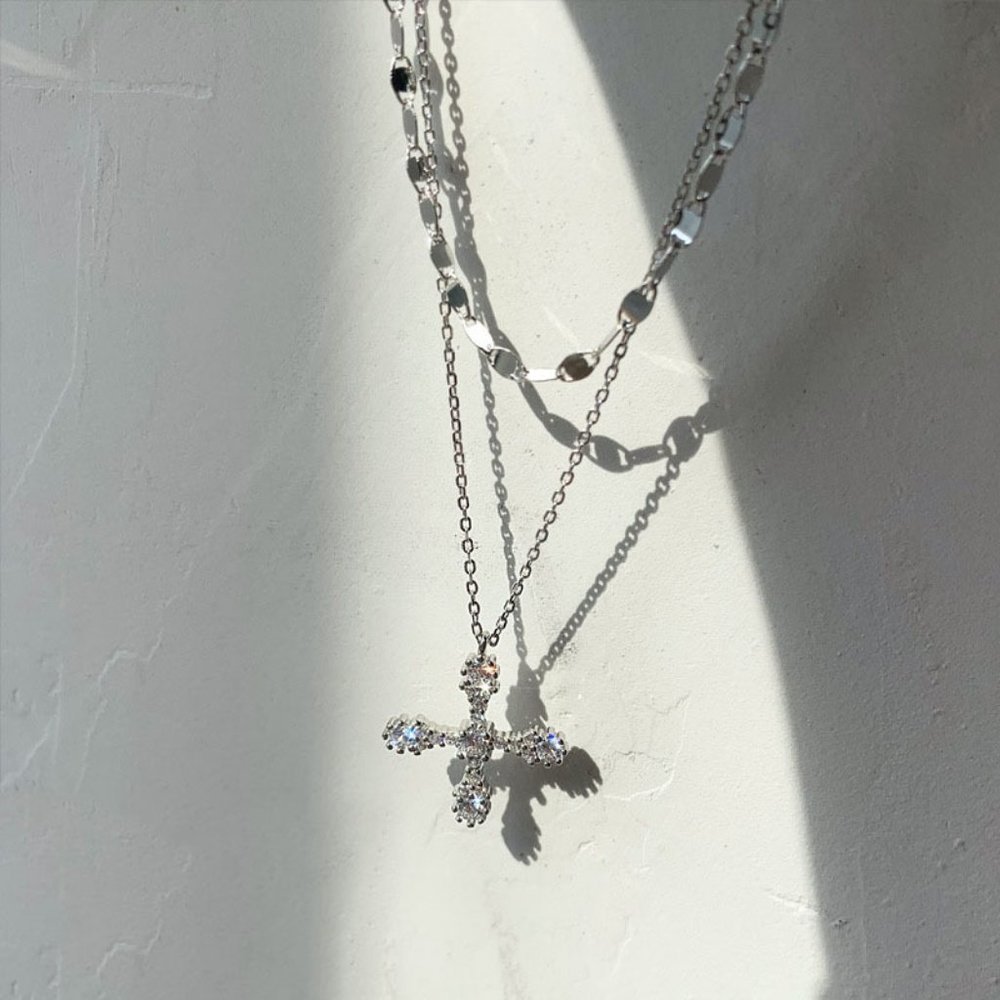 #NEW 925 Sterling Silver Diamond Cross Double Layer Necklace - Picture 9 of 9